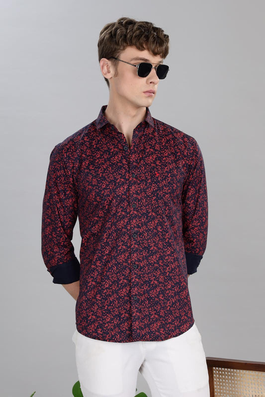 Navy Red Botanical Print Stain Proof Shirt