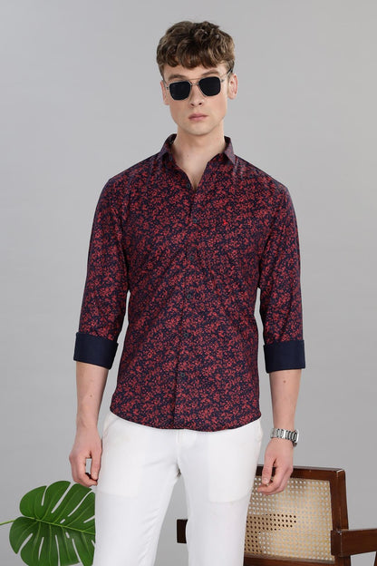 Navy Red Botanical Print Stain Proof Shirt