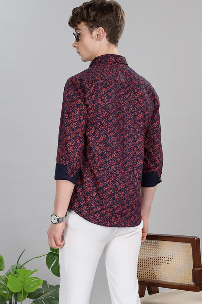 Navy Red Botanical Print Stain Proof Shirt