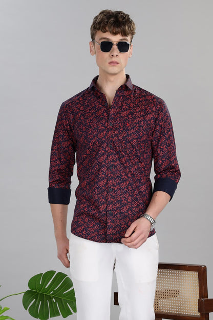 Navy Red Botanical Print Stain Proof Shirt
