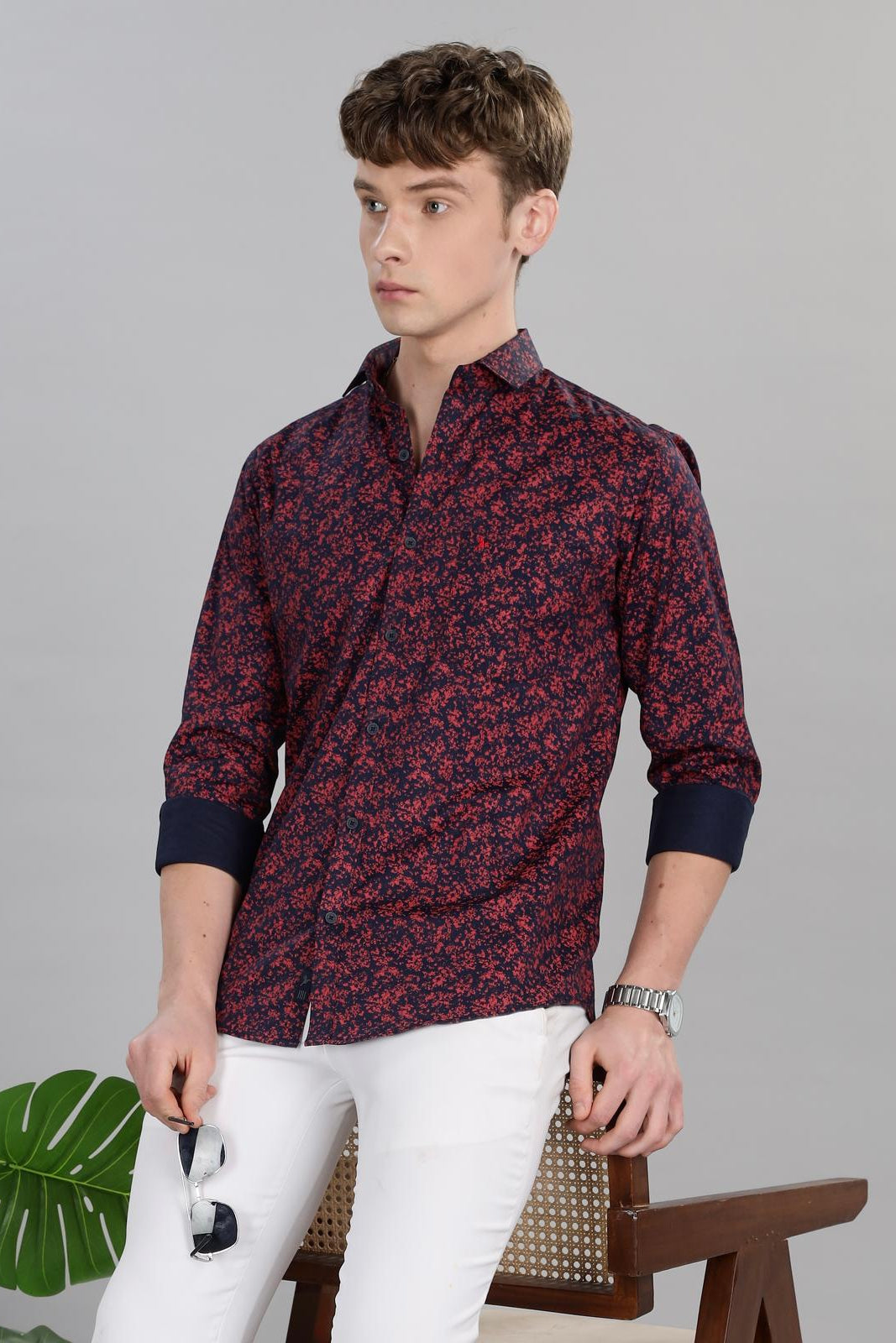 Navy Red Botanical Print Stain Proof Shirt